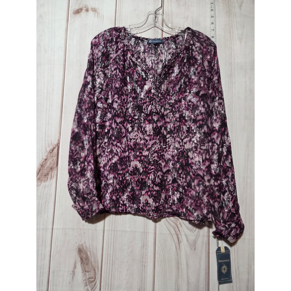 Democracy Women Purple Abstract Metallic Sheer Chiffon Blouse Top S